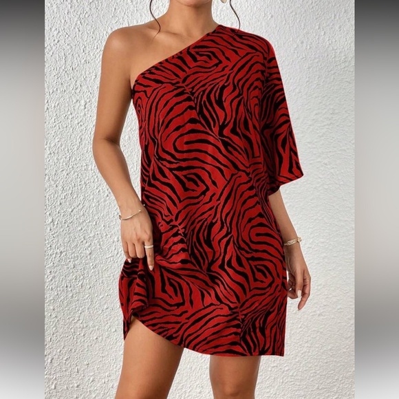 Boho Zebra stripes one shoulder mini dress - Picture 1 of 5